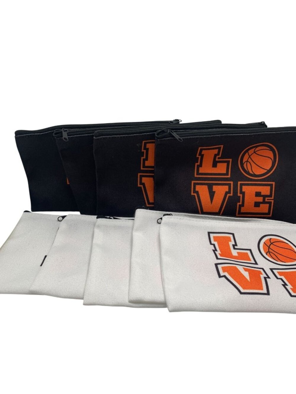Basketball LOVE Zippered Multipurpose Pouches Set Of 4 Black & 5 White Canvas Ba